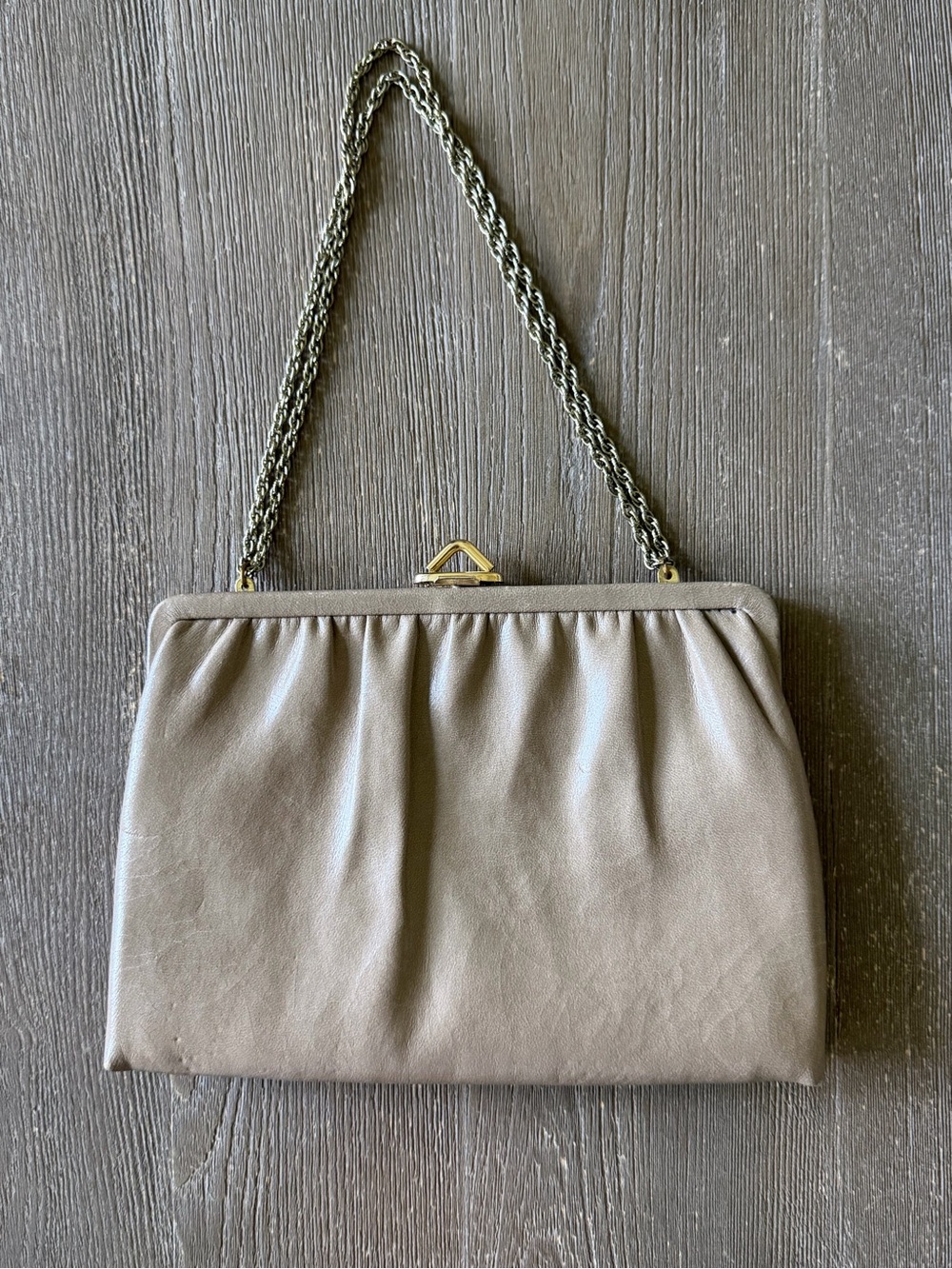 Vintage 1960s Mardane USA Taupe Leather Frame Clutch Shoulder Bag